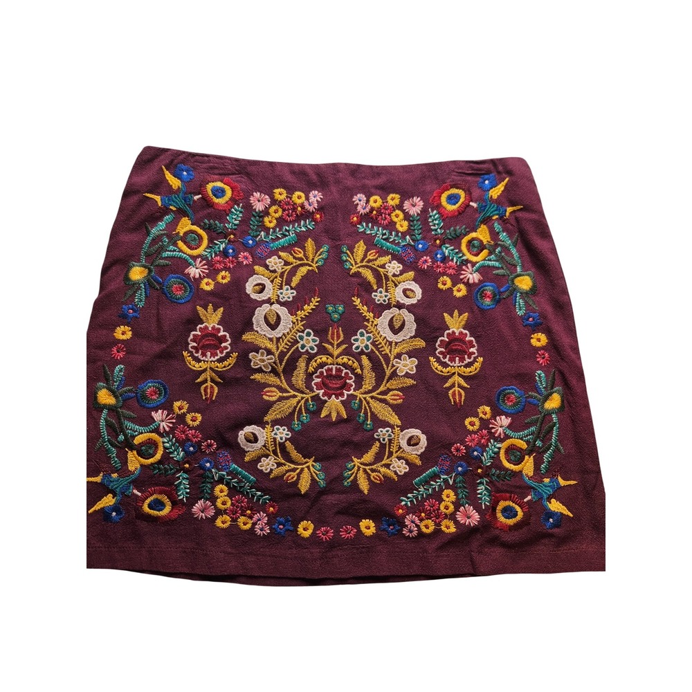 Umgee USA Burgundy Floral Embroidered Mini Skirt Boho Bird Cotton Blend Large